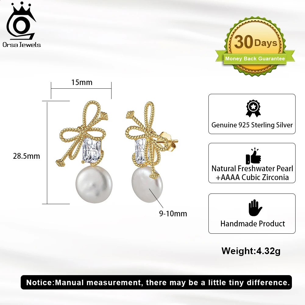 ORSA JEWELS 14K Gold Genuine 925 Sterling Silver Dangle Pearl Earrings with 5A CZ Cultured Freashwater Pearl for Women GPE84 240914
