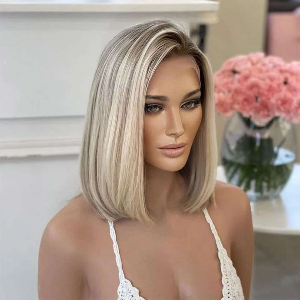 12Inch Highlight Short Bob Synthetic Lace Front Wigs Dark Roots Colored Straight Glueless Blonde Wig For Women Daily Use