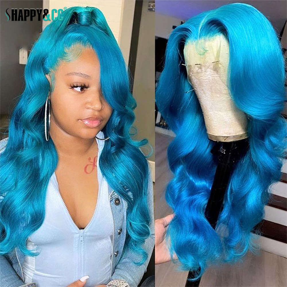 Blue Synthetic Lace Front Wigs Body Colored Long Natural Wave Party Cosplay Glueless Heat Resistant Wig For Women