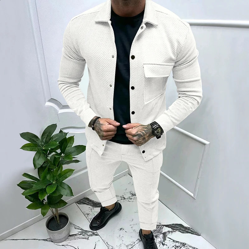 Autumn and winter heavyweight twill jacket set high-end and simple casual pants two-piece set mens solid color jacquard s 240909