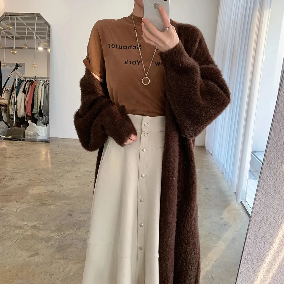 Artificial mink cashmere cardigan autumn and winter womens soft lazy long coat thick knitted sweater 240906