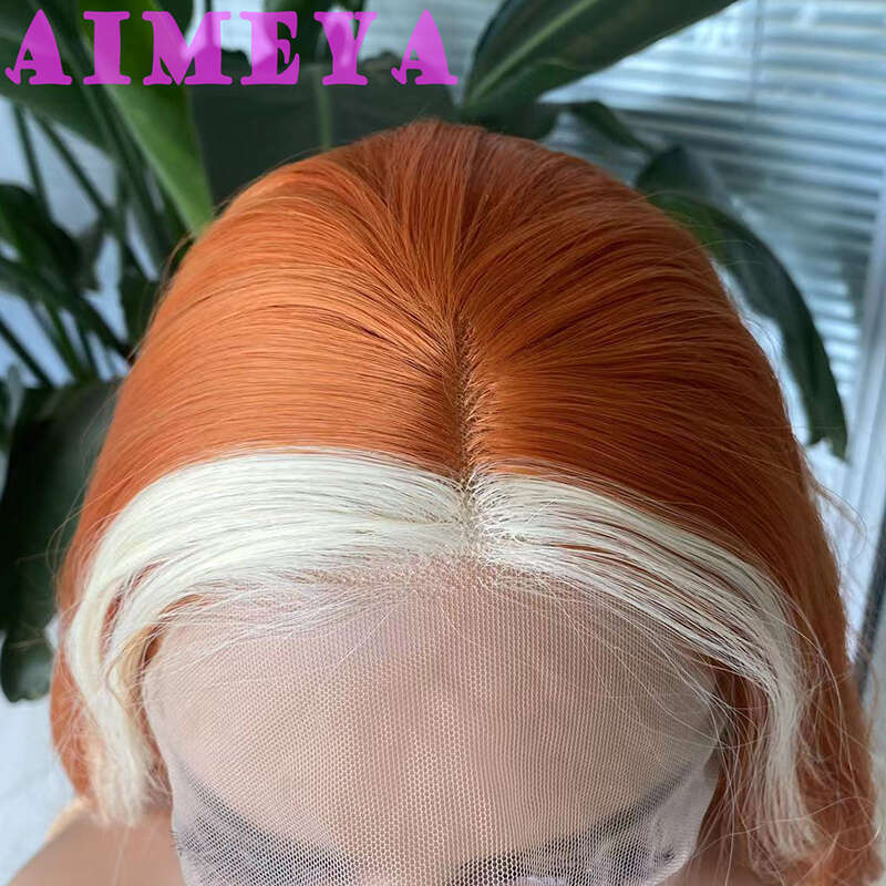 AIMEYA Orange With Blonde Highlights Front Wigs For Women Heat Resistant Hair Long Wave Synthetic Lace Wig