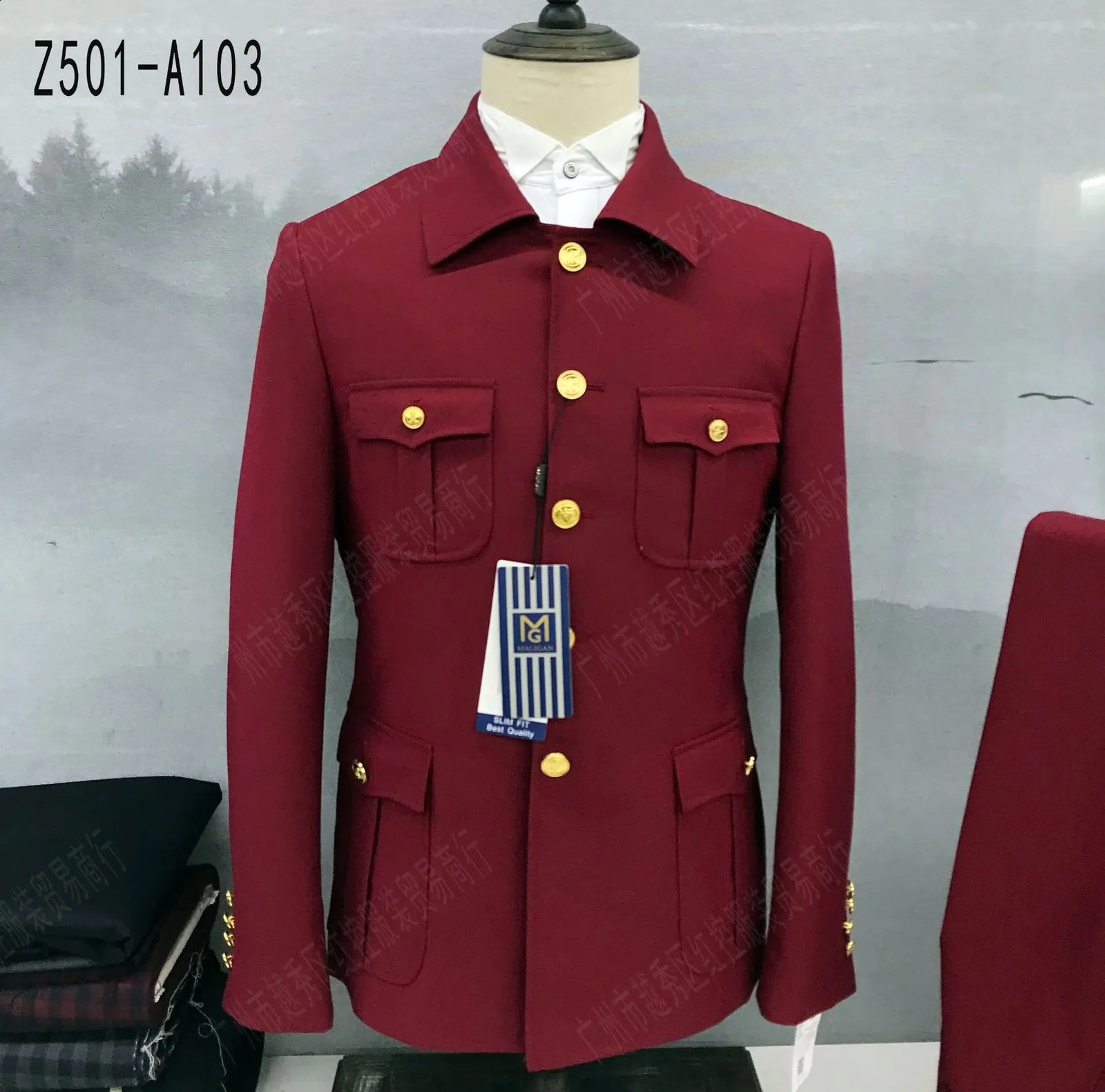 Navy Blue 2 Pieces Slim Fit Chinese Tunic Suit Gold Buttons Blazer Pants Set Formal Elegant Jacket Tuxedos for Men 240914