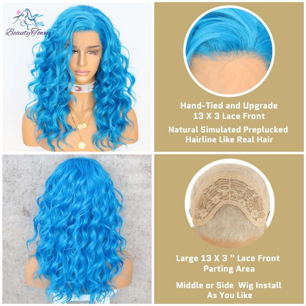 Short Wavy Synthetic Lace Front Wig Quality Blue 16'' Natural Pre-Plucked Haire Heat Resistant Women's Wigs For Daily Makeup