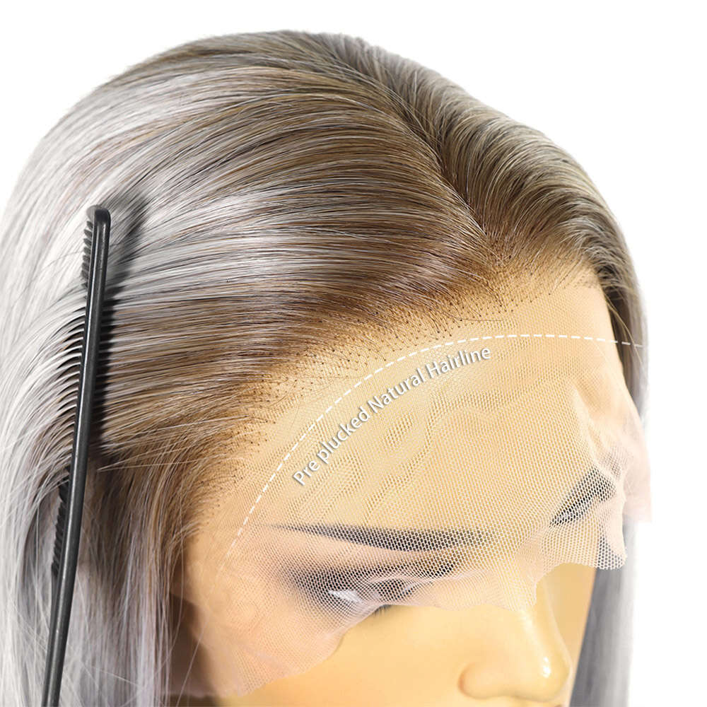 Ombre Synthetic Lace Front Wigs Sier Grey Dark Roots Colored For Women 13X3 Straight Heat Resistant Cosplay Wig