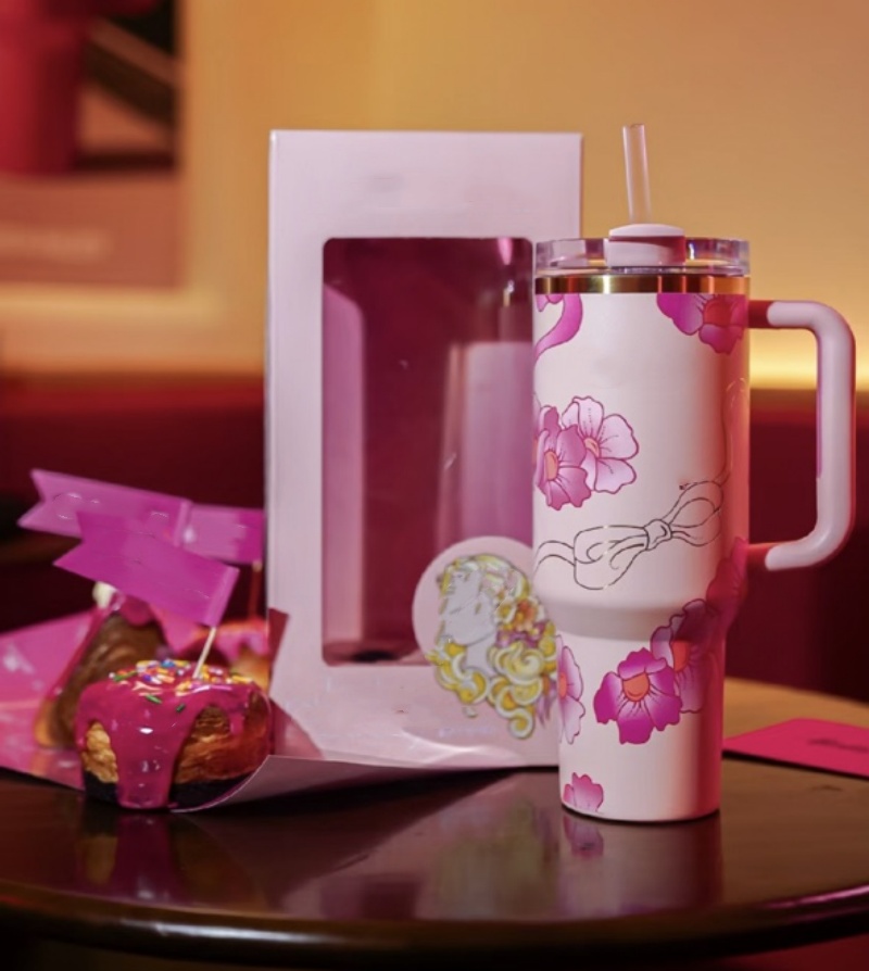 US STOCK Cobrand Hot pink Mugs Black Chroma H2.0 40oz Stainless Steel Tumbler Cup with Silicone Handle, Lid and Straw for Valentine's Day Gift, W