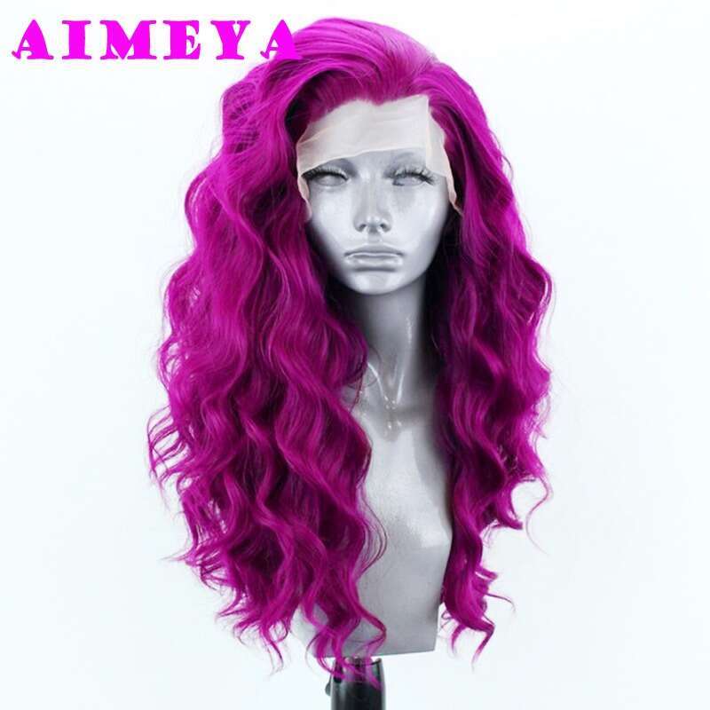AIMEYA Rose Red Lace Front Synthetic Wig Hot Pink Long Body Wave Heat Resistant Natural Haire Daily Use Cosplay Wigs
