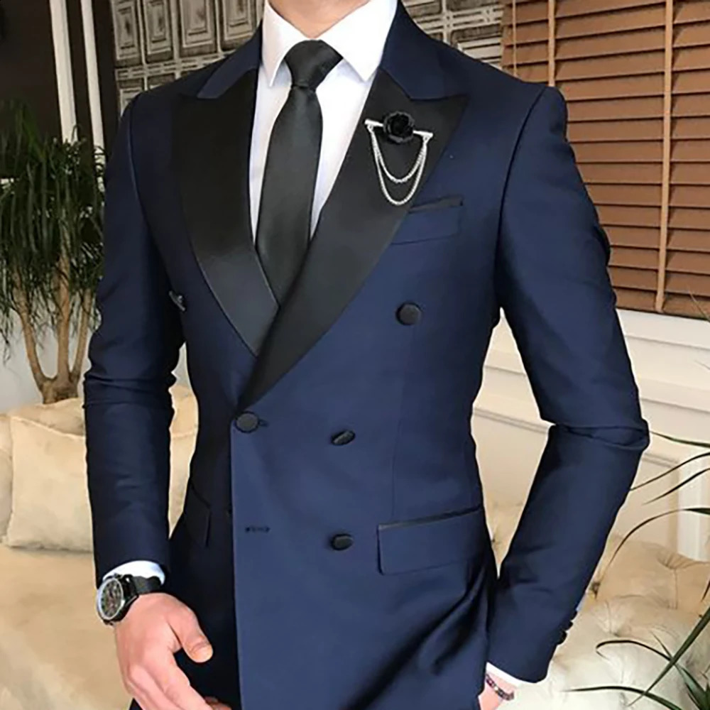 Elegant Navy Blue Men Suits Double Breasted Business Blazer Fashion Flim Fit 2 Piece Jacket Pants Costume Homme Pour Mariage 240914