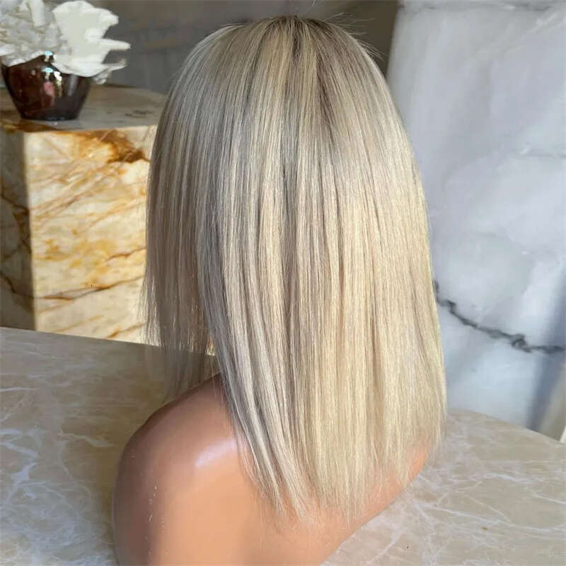 Fashion Ombre Ash Blonde Bob Lace Short Straight Middle Part Front Wig Heat Resistant Synthetic Hair Daily
