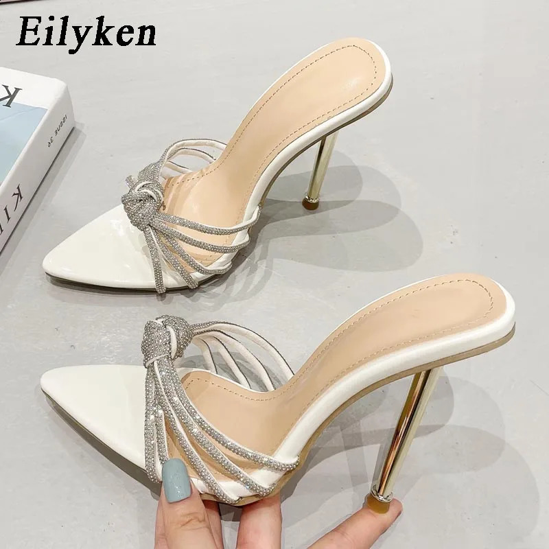 Eilyken Sexy High Heels Slipper For Women Summer Fashion CRYSTAL Narrow Band Pointed Toe Slides Stripper Party Sandal Mule Shoes 240914