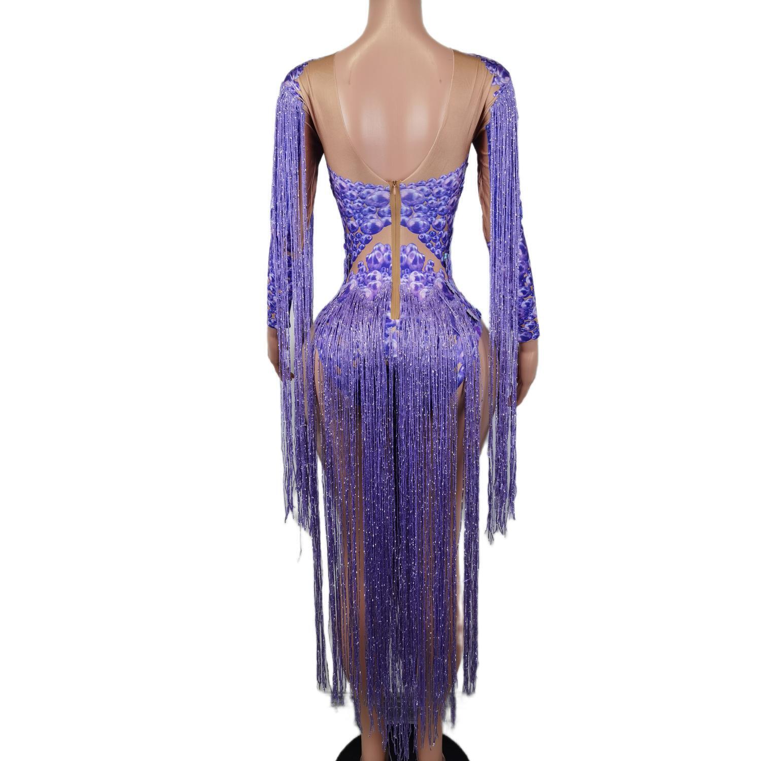 Queen's Style Purple Glitter Jumpsuits Sparkle Tassel Bodycon Rompers Ladies Party Nightclub Show Short Shiny Fringes Bodysuits