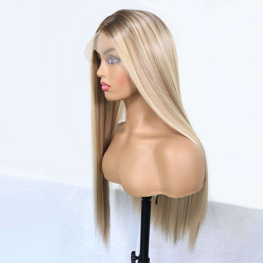 Highlight Synthetic Lace Front Dark Roots Straight Long Ombre Ash Blonde Pre Plucked Colored Wigs For Women 30 Inch