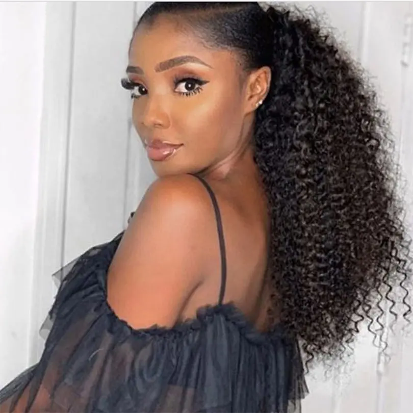Human Hair Ponytails brazilian Kinky Curly Drawstring ,Wrap Around Ponytail hairpiece clip in drawstring raw Virgin cuticle aligned Pony tail 140g Div