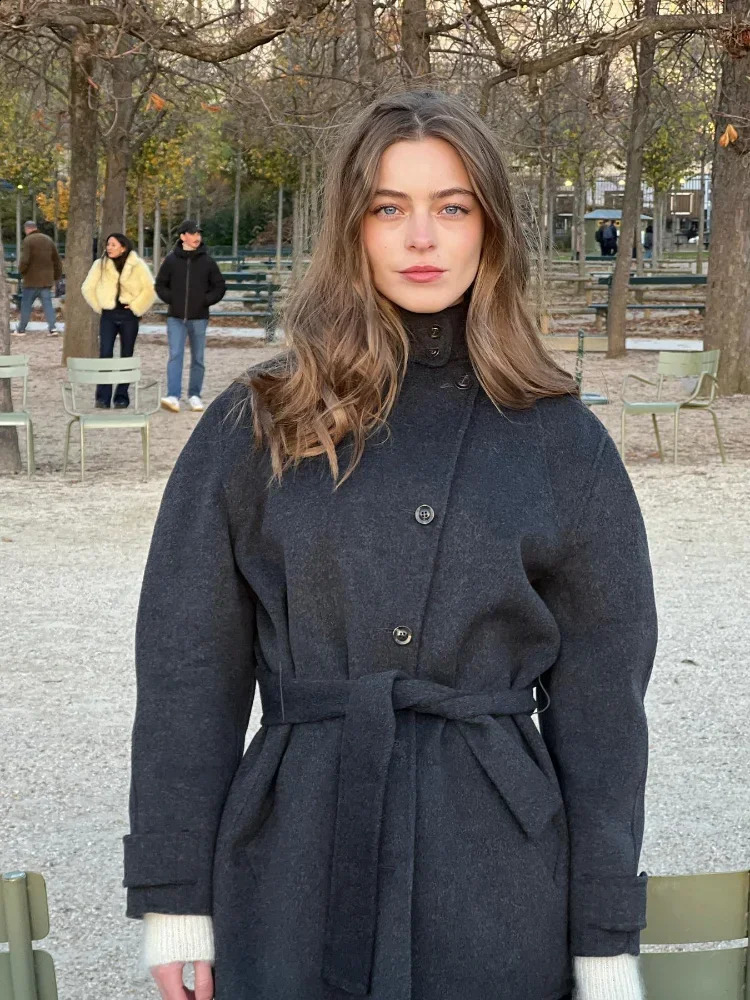 Fashion Woolen Turtleneck Overcoat With Belt Women Casual Long Sleeves Single Breasted Slim Coat Autumn Street Female Outerwear 240909
