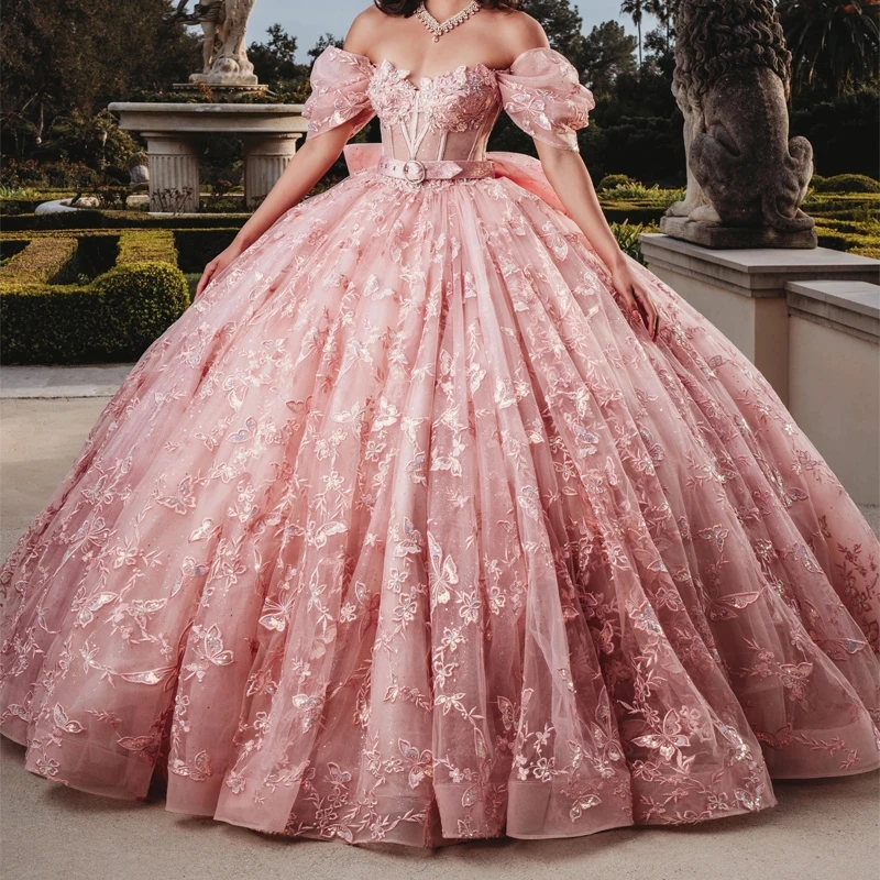 Pink Off The Shoulder Princess Ball Gown Quinceanera Dresses Classic 3D Bow Applique Beads Tull Sweet 16 Dress Vestidos 15 De Anos