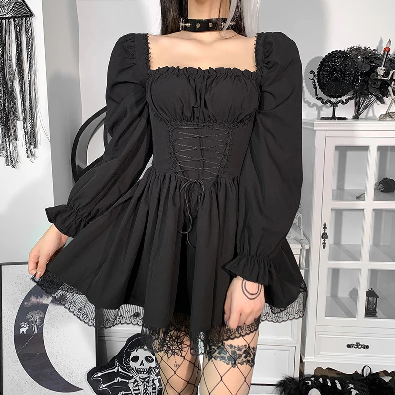 Long sleeved Lolita black dress Gothic aesthetic puff sleeves high waisted retro belt lace decoration party clothing womens 240913