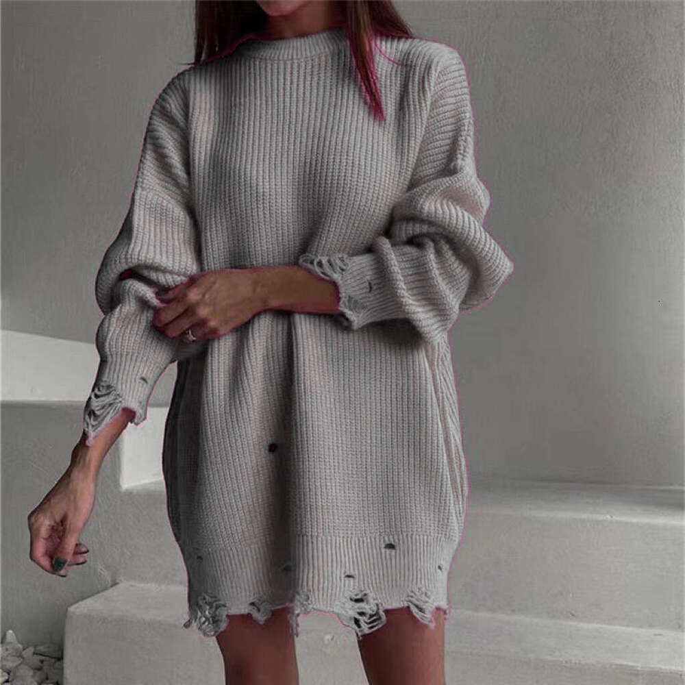 Loose solid color perforated sweater mid to length autumn/winter 2024 spring/autumn round neck pullover long sleeved knit