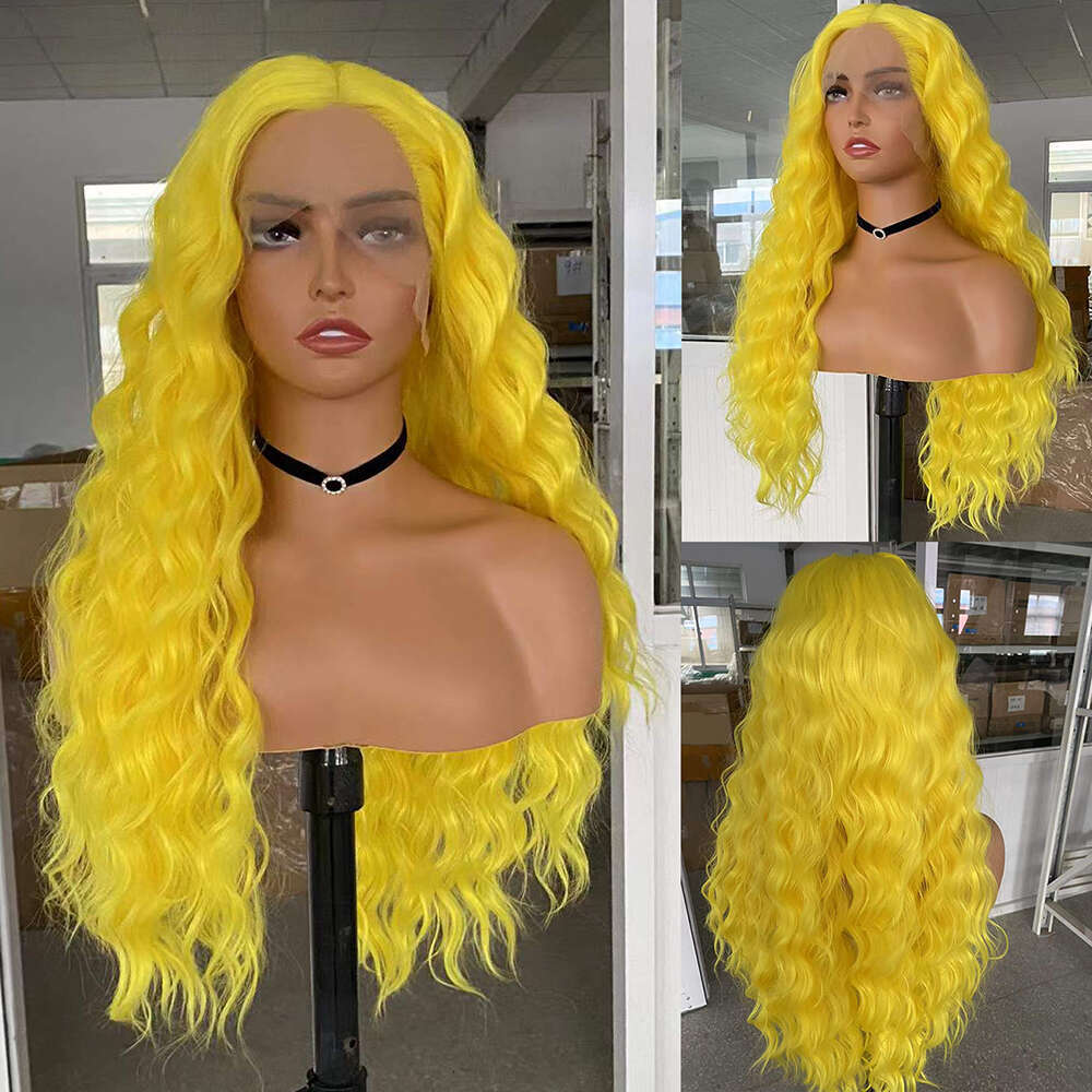 AIMEYA Lemon Yellow Synthetic Heat Resistant Lace Front Wigs Long Body Wave Daily Use Cosplay Party Wig