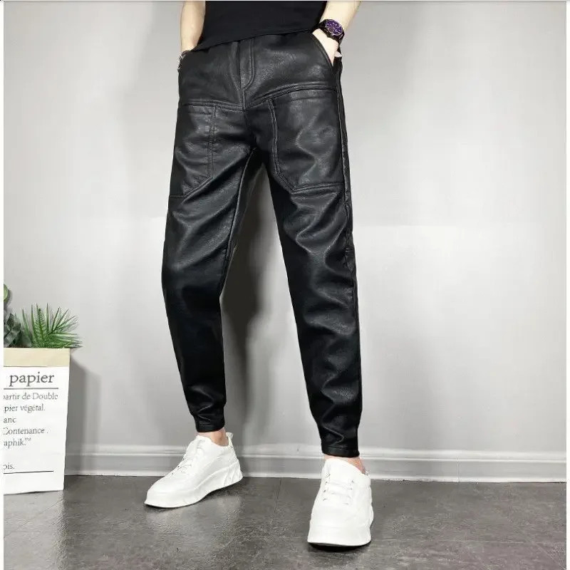 Autumn/Winter Elastic Warmslims Weight Loss Pu Leather Pants Mens Casual Scene Multi Pocket Harem Pants 240913