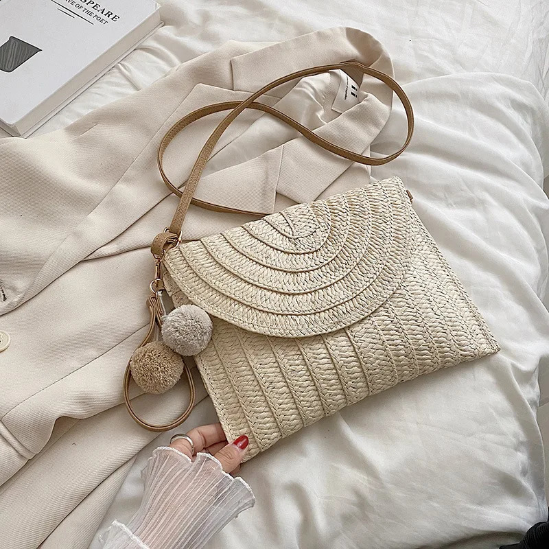 Summer Beach Straw Clutch Bag Cute Ball pendant Crossbody for Women Travel Shoulder Bags Purse Ladies Casual Wicker 240914