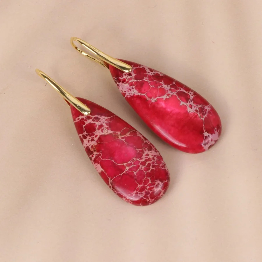 Bohemian Natural Red Imperial Jasper Stone Teardrop Gemstone Dangle Earrings For Women 240914