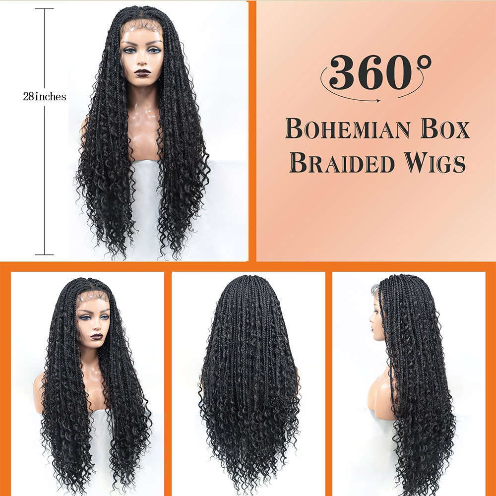 Boho Braided Wigs Synthetic Lace Front Curly Ends Square Part Knotless Wig With Baby Hair Bohemian Locs Box Braid
