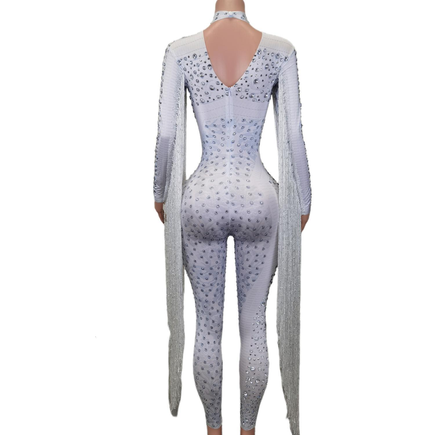 Sparkle Rhie Women White Bodysuit Long Sleeve Tassel Rompers Performance Costumes Lady One Piece Dia Sequin Jumpsuit