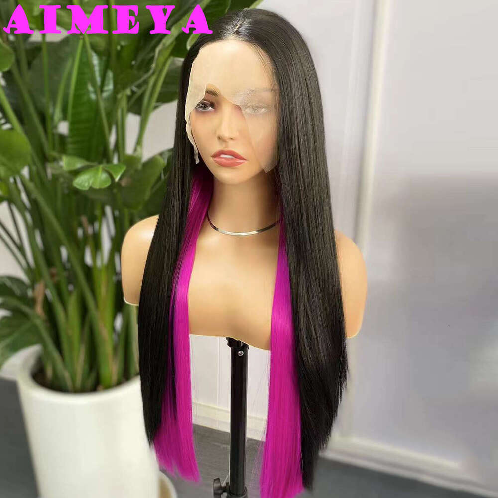 AIMEYA Black And Lace Front Wigs Highlighted Hot Pink Wig Long Silky Straight Synthetic Hair Body Wave