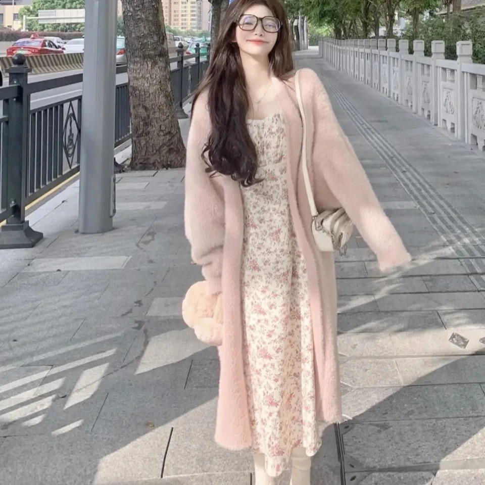Artificial mink cashmere cardigan autumn and winter womens soft lazy long coat thick knitted sweater 240906