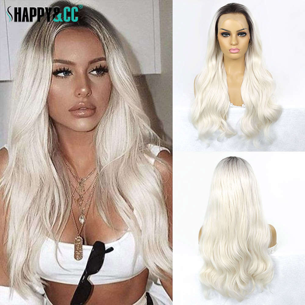 Platinum Body Wavy Lace Front Wigs Long Ash Blonde Synthetic Hair For Women Dark Roots Heat Resistant Colored Wig