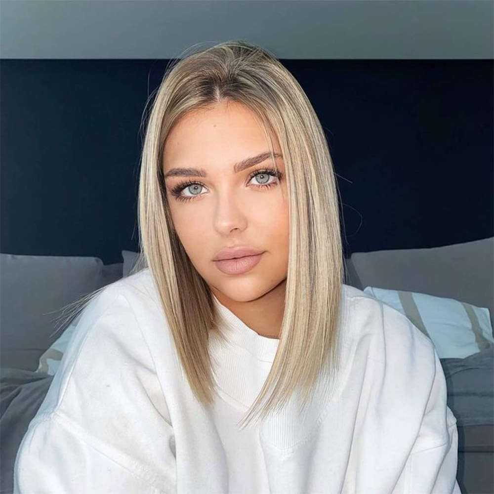 Highlight Blonde Synthetic 12 Inch Ombre Short Lace Front Bob Wigs Straight Dark Roots Glueless Wig For Women Daily Party