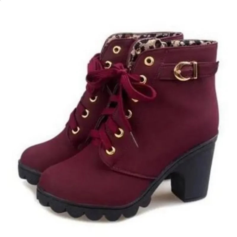 Winter high-heeled womens boots with cross straps short boots comfortable waterproof boots warm plus 42 Botas Femininas 240914