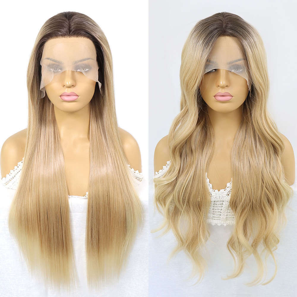 Ash Synthetic Lace Front Wig Long Highlight Natural Wave For Women Dark Roots Blonde Straight Heat Resistant Cosplay Wigs