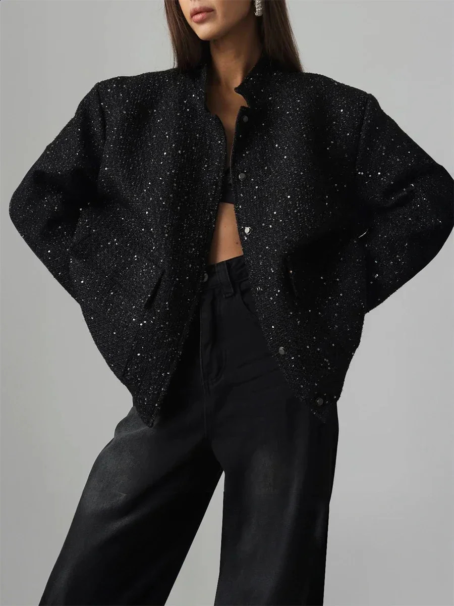 Bornladies Loose Tweed Sequin Jacket Women Fashion Coat Trend Versatile Warm Chic Elegant Female Coats Stylish Woman Clothes 240911