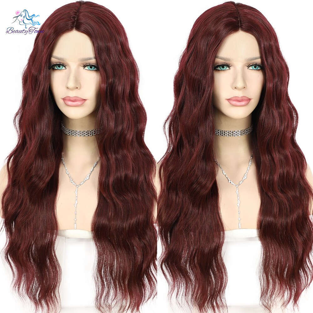Beautytown Bury Hair Long Water Wave Lace Wig For Women Middle T Part Daily Party Synthetic Wigs Heat Resistant 24''