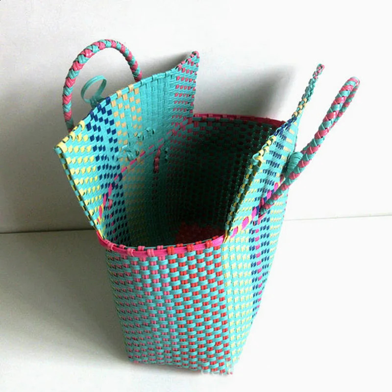 Womens large plastic woven beach bag womens bucket casual handbag shopping basket holiday 240913