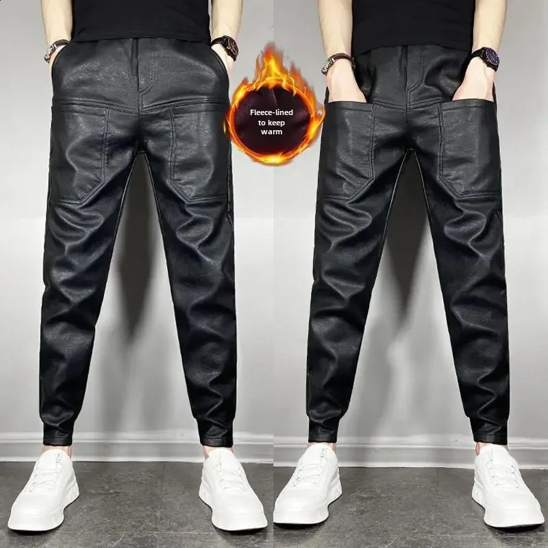 Autumn/Winter Elastic Warmslims Weight Loss Pu Leather Pants Mens Casual Scene Multi Pocket Harem Pants 240913