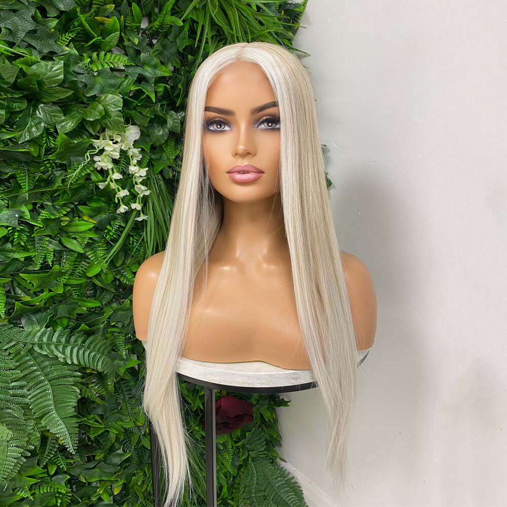 Heat Safe Synthetic Fibre Light Blonde Highlights Straight Lace Frontal Wig Blend Human Hair 13X4 Ready To Ship