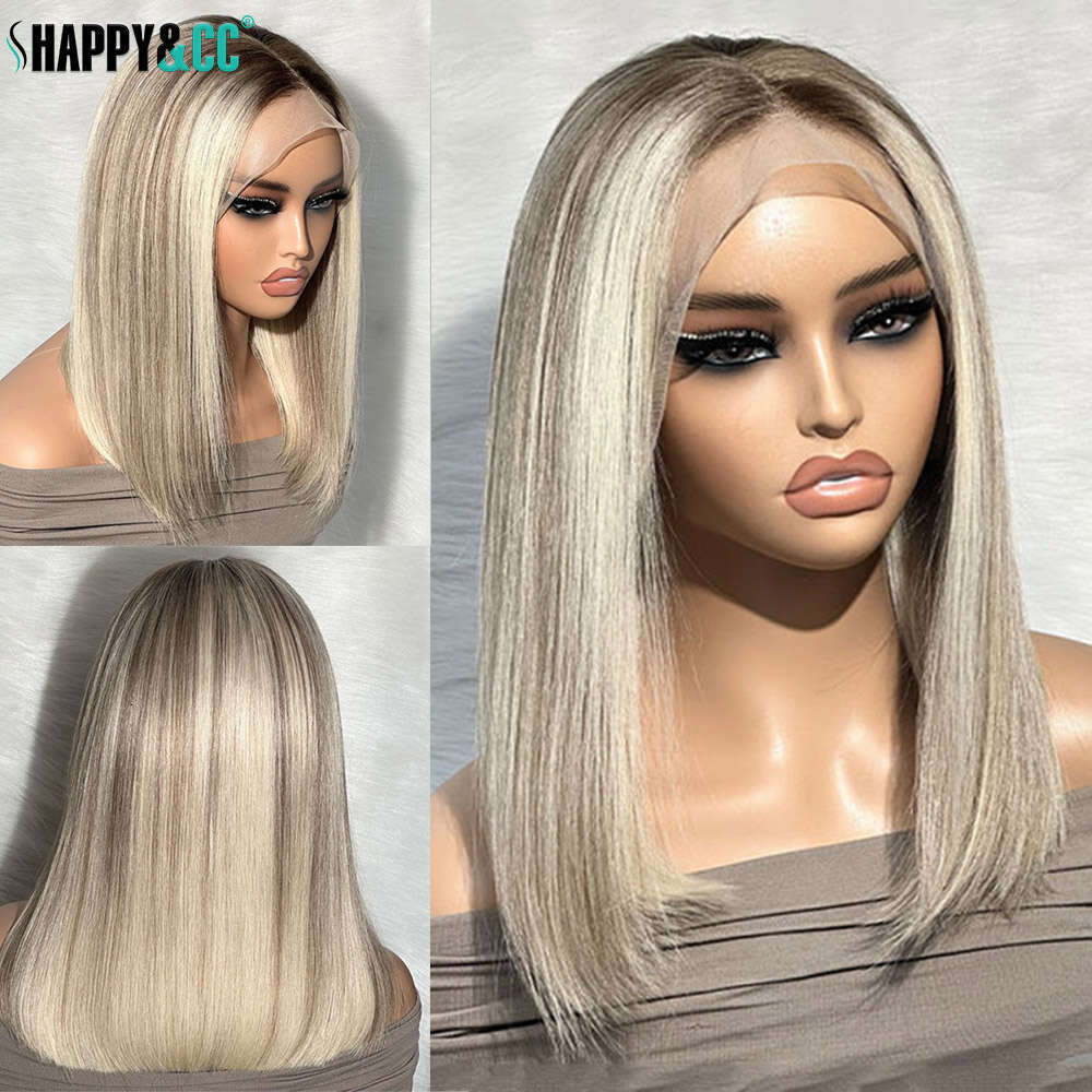Highlight Blonde Synthetic 12 Inch Ombre Short Lace Front Bob Wigs Straight Dark Roots Glueless Wig For Women Daily Party
