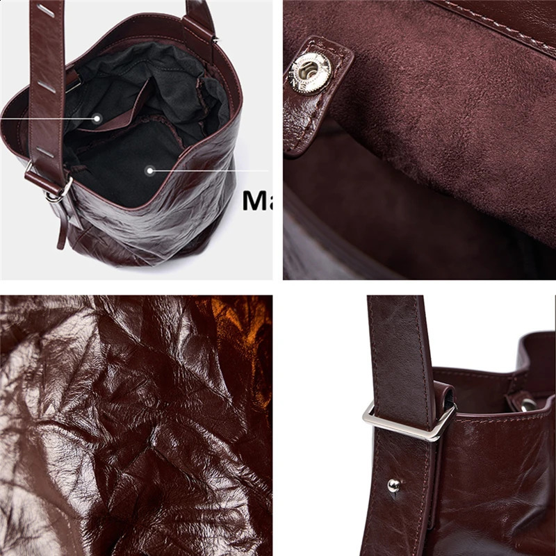 Hifashion Genuine Leather Bucket Crossbody Bags For Women Trend er Underarm Shoulder Bags Pleated Ladies Handbags 240909
