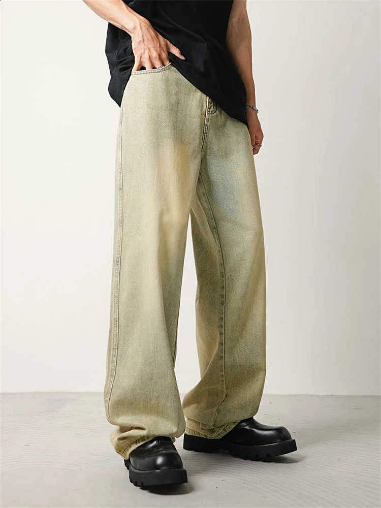 Womens Yellow Mud Dyed Retro Washed Denim Jeans Cool Wide Leg Vintage Pants Female Casual High Waist Unisex Denim Trousers 240911
