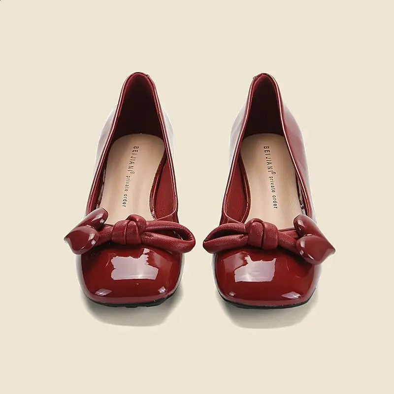 Red with Bow Kawaii Ladies Summer Footwear Square Heels Shoes for Women Medium Cute Korean Style High Quality Vacation Y2k 240904