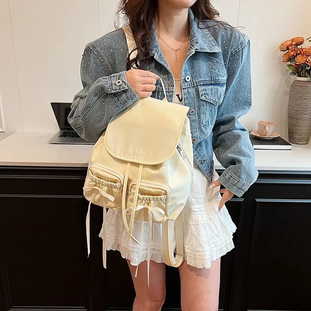 Leisure Korean drawstring backpack bow ballet style nylon bag solid color bucket bag bow shoulder bag 240912