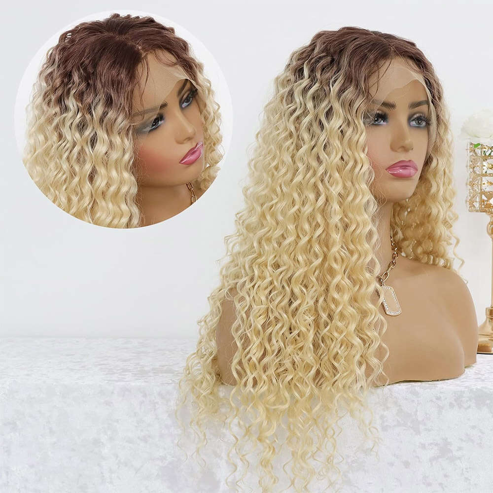 Ash Lace Front Curly Synthetic Wigs For Women Deep Wave Dark Roots Blonde Colored Wig Glueless Heat Resistant Hair