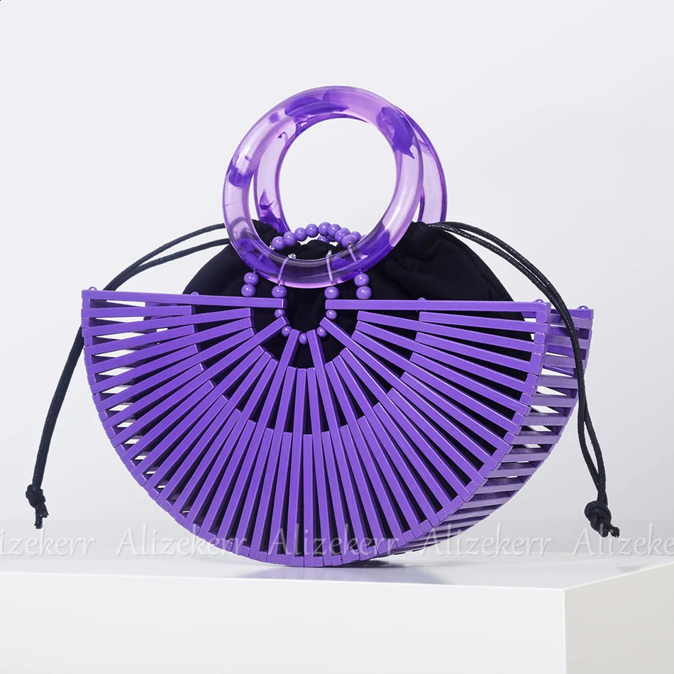 Retro semicircular bamboo beach handbag for women summer hollow circular acrylic highquality straw bag holidays 240913