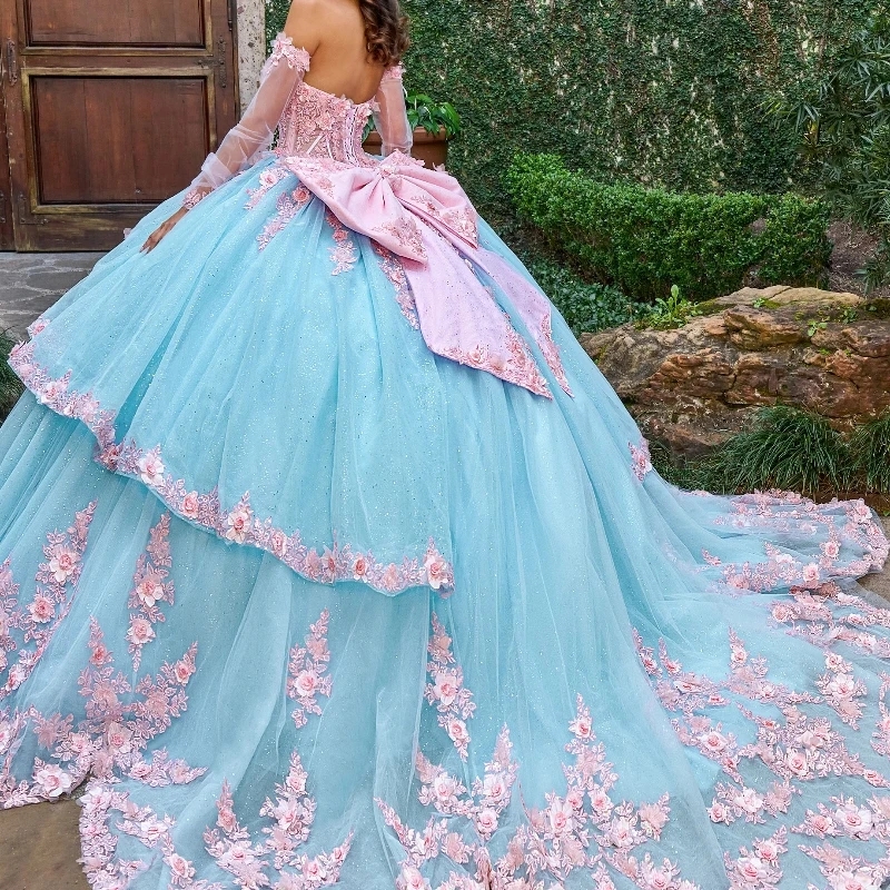 Sky Blue Shiny Princess Ball Gown Quinceanera Dresses Appliques Lace Beads Bow Tull Birthday Party Sweet 16 Dress Vestidos 15 De Anos