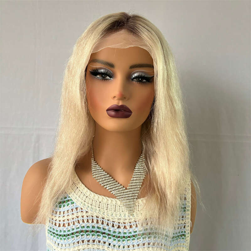 Ombre Ash Blonde Highlight Colored Synthetic 13X4 Front Wigs For Women Short Straight Bob Hair Lace Frontal Wig