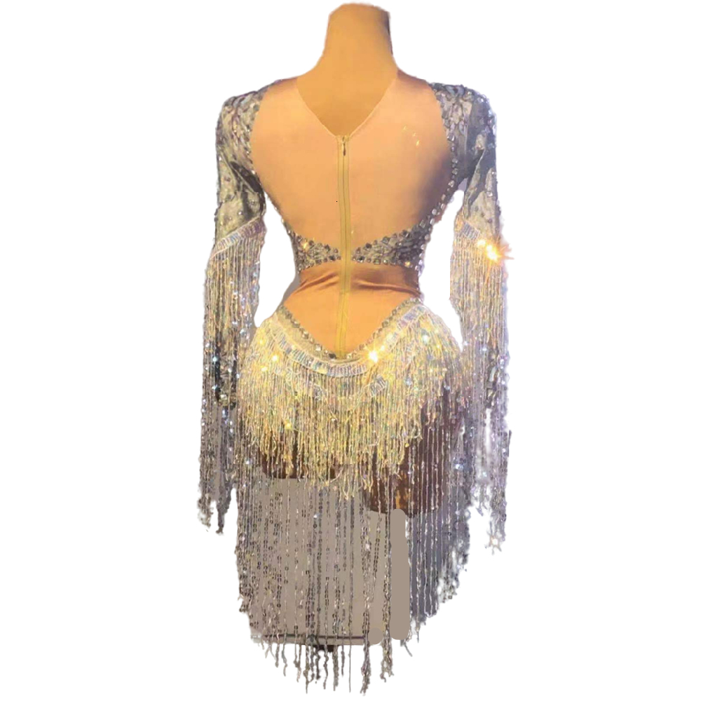 Sparkg Sier Women Stretch Dance Fringes Bodysuit Club Bar Singer Leotard Stage Wear Rhie Sequin Tassel Party Jumpsuit