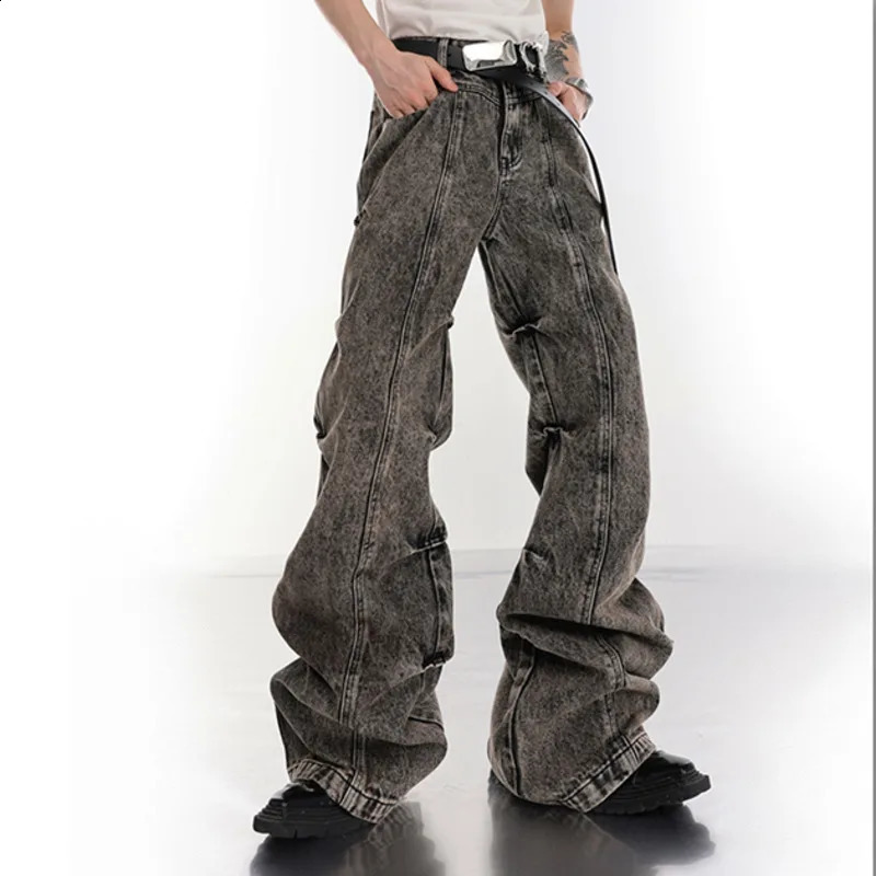 NOYMEI Male Y2k Wide Leg Jean Pleated Vintage Fashion Mens Micro Flared Denim Pants High Street Trousers Stack WA3351 240912