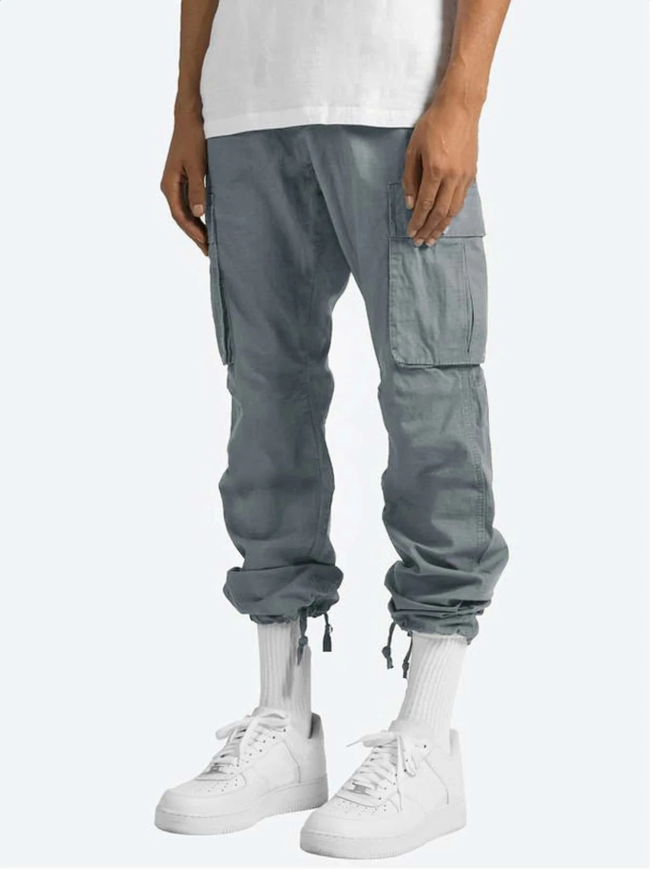 Spring and autumn mens fashion leisure cargo pants multi-pocket solid color polyester fiber pure cotton 9 minute pants 240911
